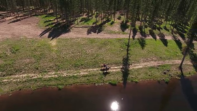 俯瞰马醒着，落基山脉揭示秋天的颜色湖反射，Off road, rzr野生动物，树叶短航拍，4K, 8s, 53of102，股票视频销售-无人机发现-无人机航拍视图视频素材