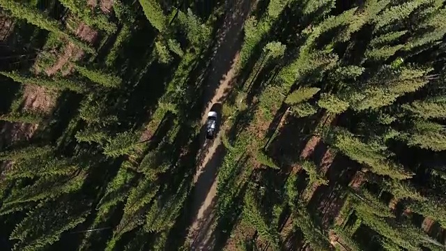 卡车跟随向下看，落基山脉揭示秋天的颜色湖反射，Off road, rzr野生动物，树叶短空中，4K, 55秒，股票视频销售-无人机发现-无人机鸟瞰视频素材