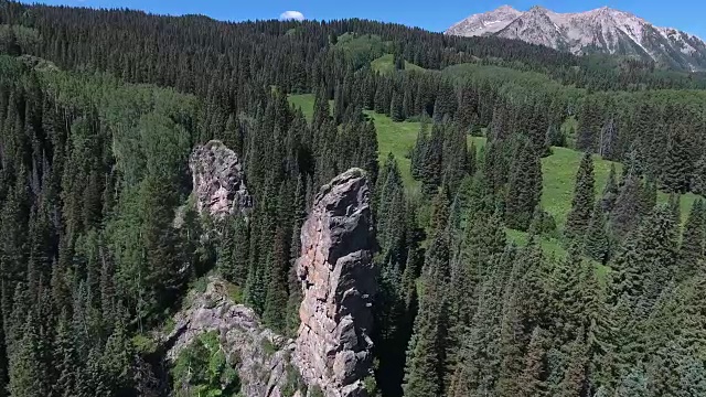 尖顶近推，航拍，4K, 15s, 8of10，顶峰，尖顶，山，森林，野花，太阳花，揭示，股票视频销售-无人机发现无人机航拍视图视频素材