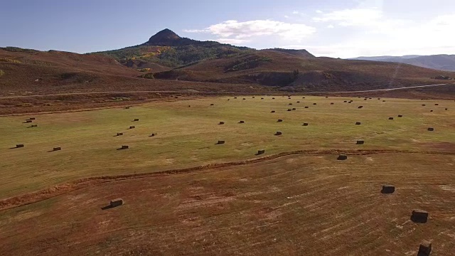 Reveal Hay field fly down, Aerial, 4K, 30s, 4of34，白杨树，树叶，山脉，美丽的颜色，变化的叶子，科罗拉多，Aerial，股票视频销售-无人机发现llc无人机鸟瞰图视频素材