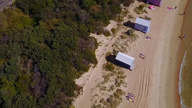 鸟瞰布莱顿海滩，色彩斑斓的浴场视频素材