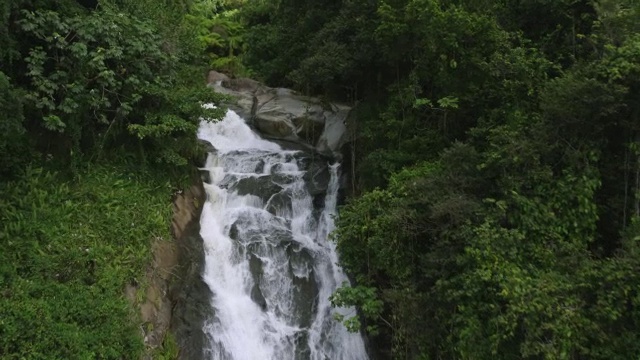 伊卡科斯河穿过有房屋的森林地区，背景是山/纳瓜波，波多黎各，美国视频素材