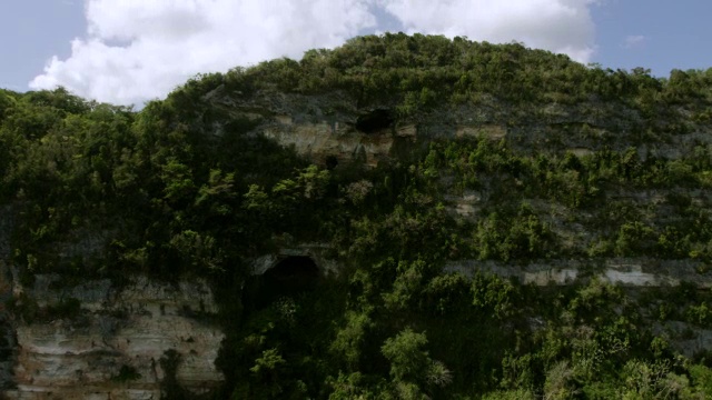 美国，波多黎各，阿雷西博，奎瓦·文塔纳悬崖顶上的窗户洞的WS AERIAL POV视图视频素材