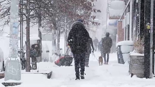 2017年冬天的暴风雪中，一群不认识的、直率的人走在下雪的纽约街道上视频素材