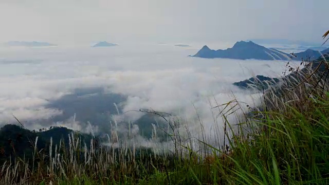 (时间Laspe)山脉景观与移动的雾在森林上的日出。视频素材