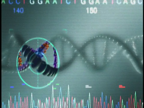 极近的十字准线放大DNA链与心电图线下面，字母和数字上面视频下载