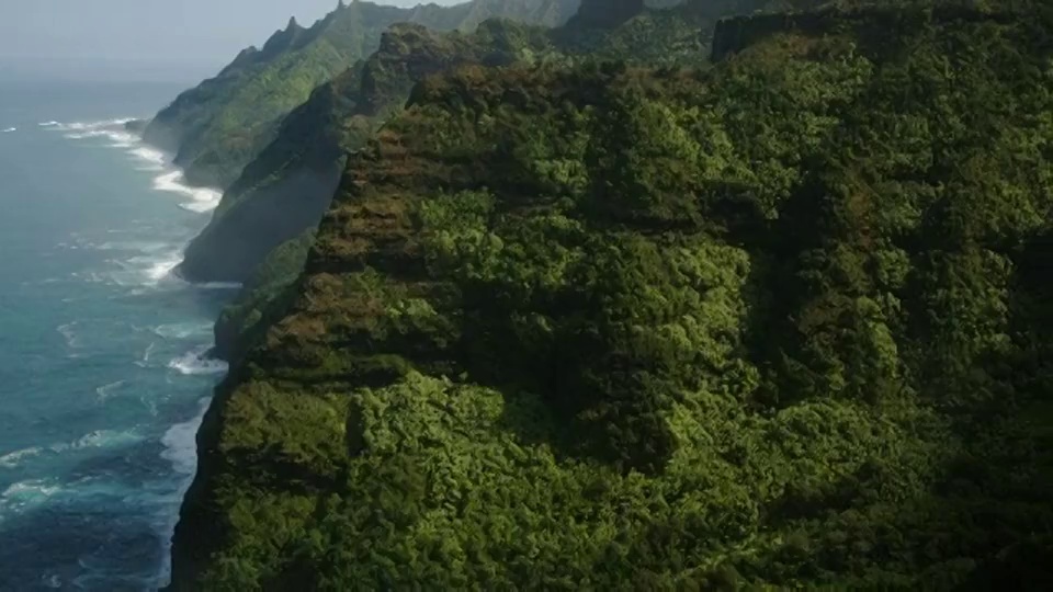 郁郁葱葱的树叶布满了夏威夷纳帕利海岸的峡谷和山脊。视频素材