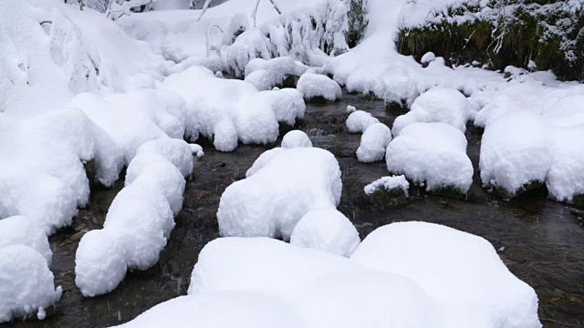 小溪在白雪覆盖的森林中飘雪。视频素材