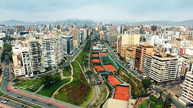 全景鸟瞰米拉弗洛雷斯镇在利马，秘鲁。视频下载