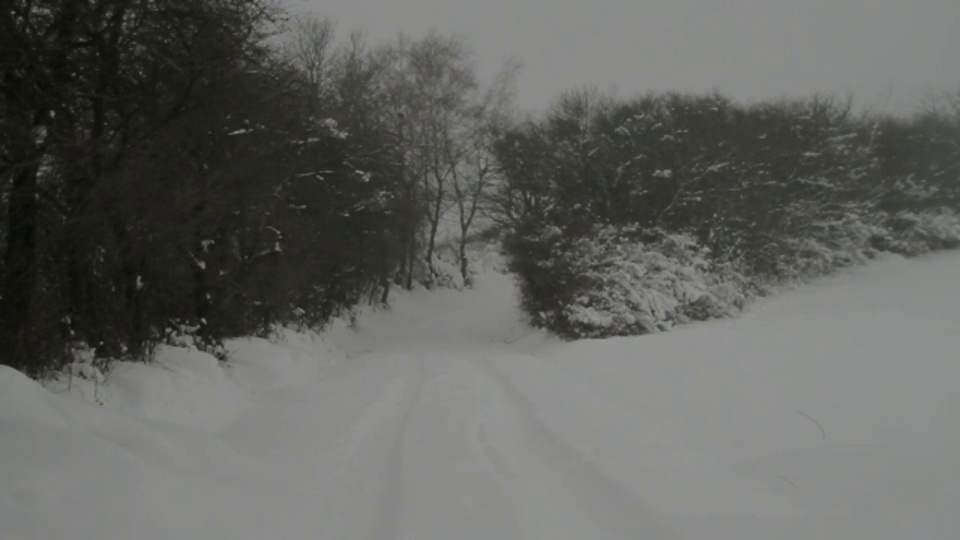 一条小路穿过厚厚的积雪通向树林。视频素材