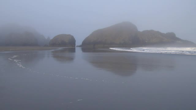 轻柔的海浪冲刷着俄勒冈多雾的海岸。视频素材