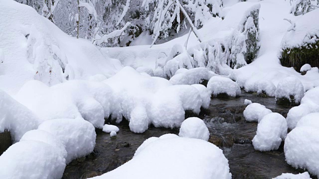 小溪在白雪覆盖的森林中飘雪。视频素材