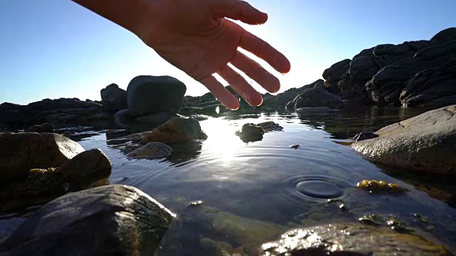 人的手从海池塘中舀取淡水视频素材