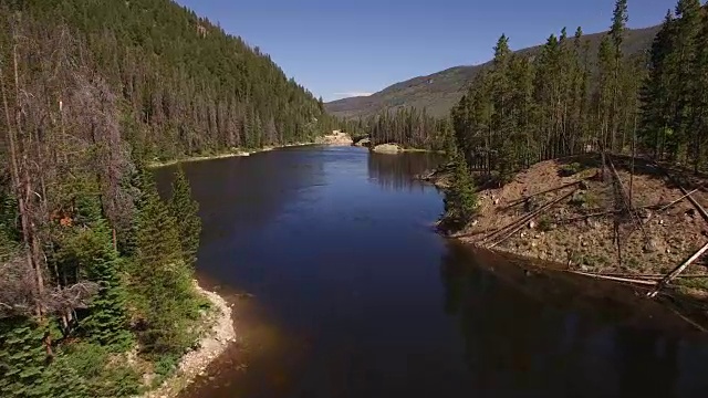 科罗拉多落基山脉，科罗拉多河，格兰比湖山大坝，美丽的水反射，春天，原始的水，树叶，野生白杨树4K自然/野生动物/天气视频素材