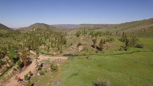 飞越道路到山-无人机空中视频4K科罗拉多落基山脉，科罗拉多河，格兰比湖的山大坝，美丽的水反射，春天，原始的水，树叶，野生白杨树发现景观4K自然/野生动物/天气视频素材