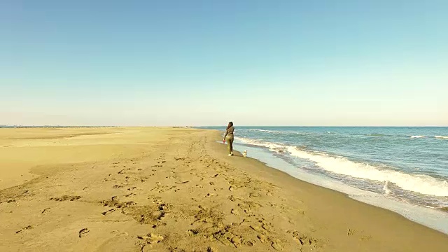 在加泰罗尼亚地区的周末旅行中，一名女孩在地中海和低浪的埃布罗三角洲海滩上散步和玩狗的视频是用无人机拍摄的。4 k UHD。视频素材