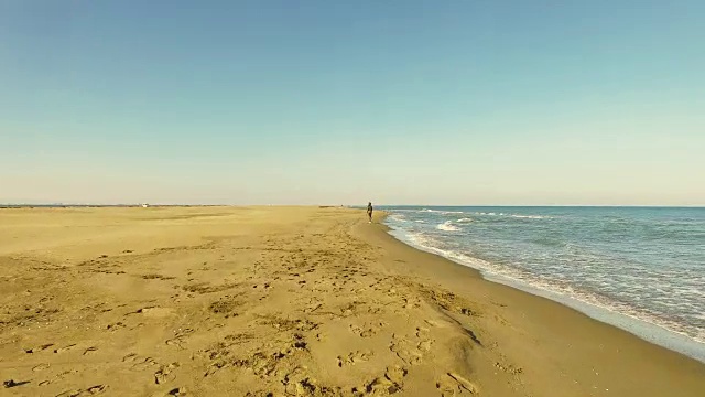 在加泰罗尼亚地区的周末旅行中，一名女孩在地中海和低浪的埃布罗三角洲海滩上散步和玩狗的视频是用无人机拍摄的。4 k UHD。视频素材