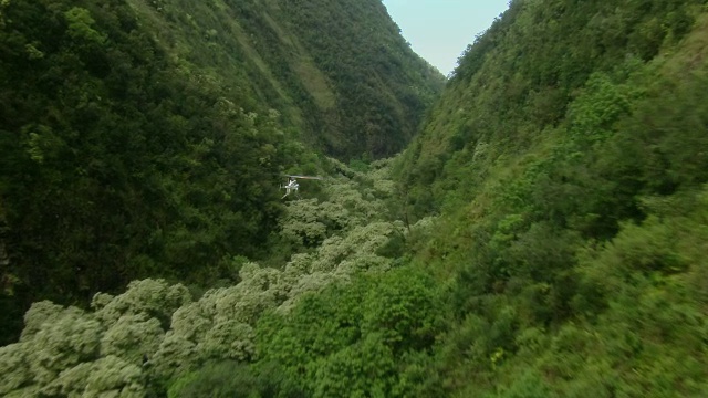 在一次冒险之旅中，一架直升飞机载着乘客穿过夏威夷郁郁葱葱的山谷。视频素材