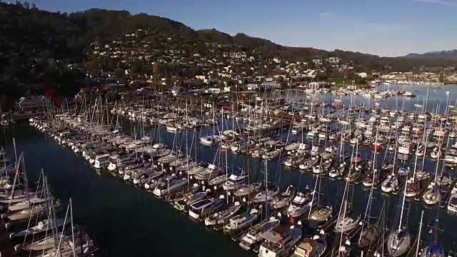 Marina fly over, Marina San Francisco，航拍，4K，股票视频销售-无人机发现有限责任公司-无人机航拍视频加州海岸桥梁，码头，船和皮划艇，4K运输视频素材