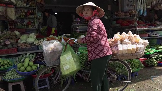 一位妇女骑着自行车从市场买回来的东西视频素材