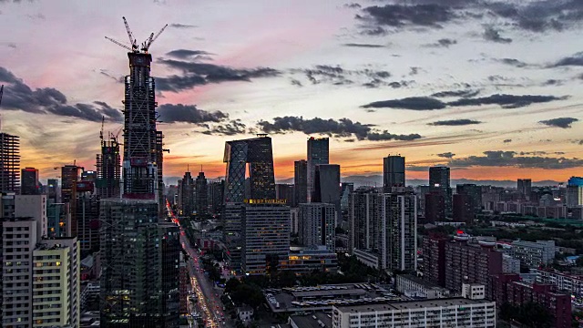 T/L WS HA ZI北京中央商务区全景，昼夜转换/北京，中国视频素材