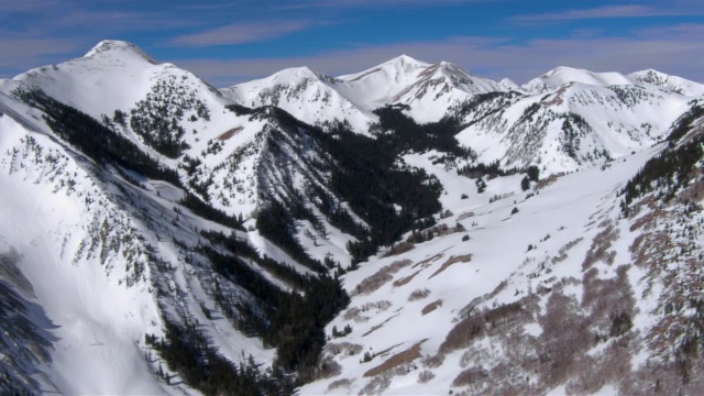 在蓝天的映衬下，雪花攀附在山坡和山峰上。视频素材