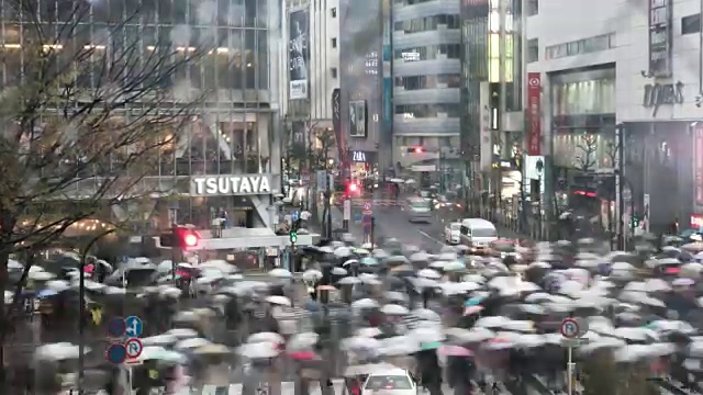 涉谷雨日，人们在涉谷十字路口行走视频素材