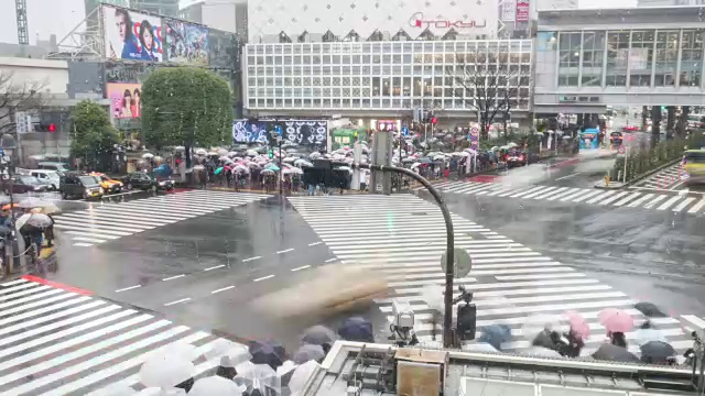 涉谷雨日，人们在涉谷十字路口行走视频素材