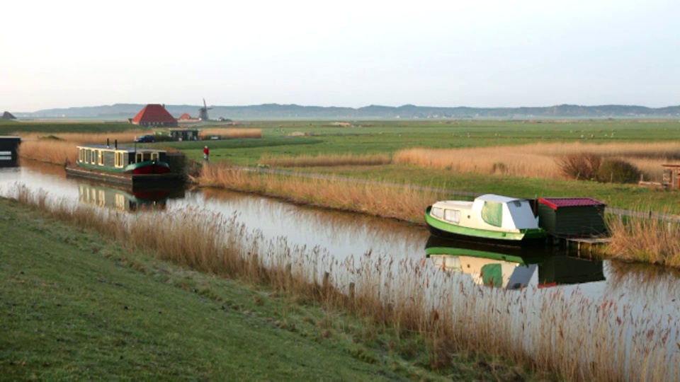 荷兰，Petten, Polder叫做petemer Polder。船屋，船，农场，风车。女人的周期视频下载