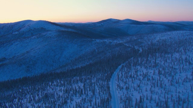 一条狗拉雪橇的小道穿过加拿大的荒野。视频素材