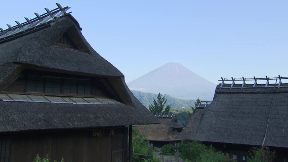 在一群茅草屋顶的房子远处，富士山若隐若现。视频素材