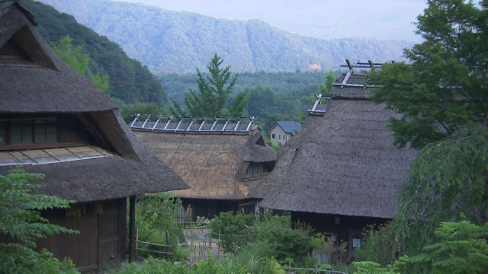 富士山耸立在茅草屋顶的建筑物上。视频下载