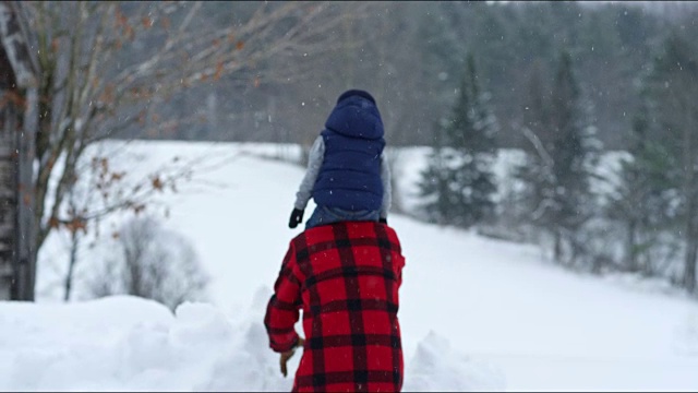 父亲和儿子在冬天暴风雪的户外玩耍视频素材