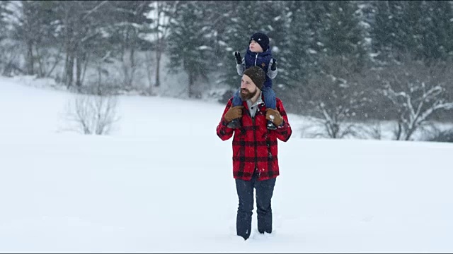 父亲和儿子在冬天暴风雪的户外玩耍视频素材