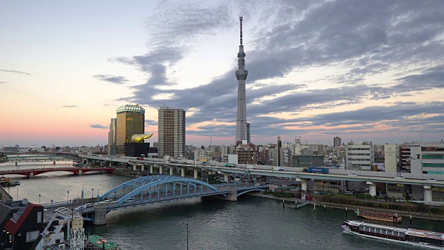 日本，东京，城市天际线和住田河上的天空树在黎明视频素材