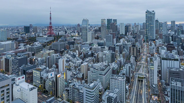 日本，东京，俯瞰城市天际线和标志性的东京塔视频素材