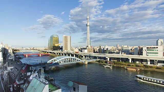 日本，东京，城市天际线和住田河上的天空树在黎明视频素材