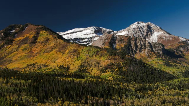 宽立交桥拍摄的秋天树木附近的山/瓦萨奇山，美国犹他州视频素材