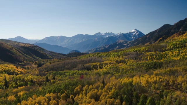 宽立交桥拍摄的秋天树木附近的山/瓦萨奇山，美国犹他州视频素材