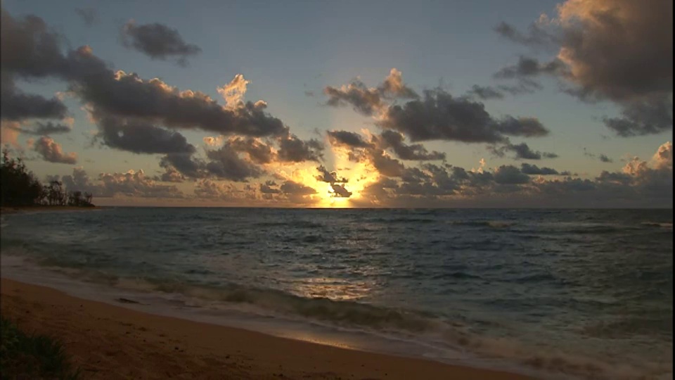 太阳悬在大海上方金色的天空中。视频素材