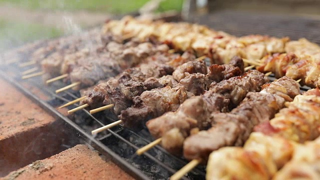 烧烤鸡肉牛肉和猪肉女孩视频素材