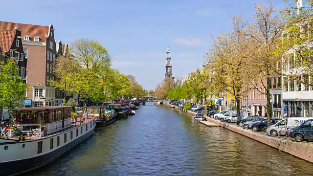 Prinsengracht Canal和Westerkerk, time lapse，阿姆斯特丹，荷兰视频素材