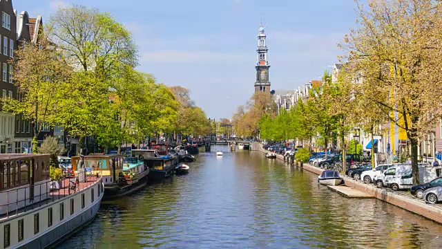 Prinsengracht Canal和Westerkerk, time lapse，阿姆斯特丹，荷兰视频素材