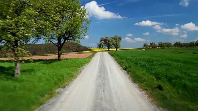 POV，在砾石路上行驶，穿过长满苹果树的草地视频素材