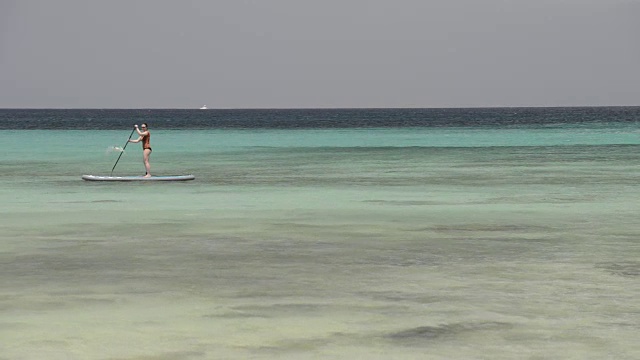 女人在清澈的海水上划桨视频下载