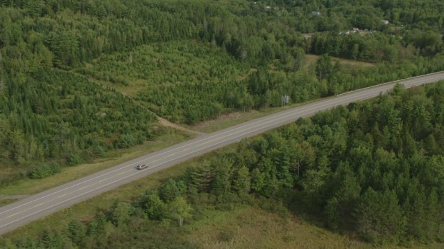 汽车在乡村道路上行驶的空中跟踪镜头。林中的树林中的树视频素材