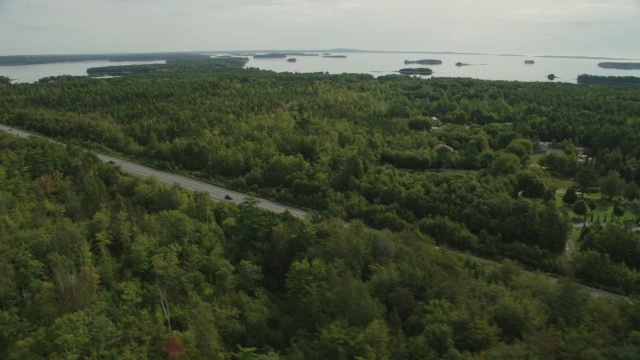 汽车在乡村道路上行驶的空中跟踪镜头。林中的树林中的树湖。视频素材