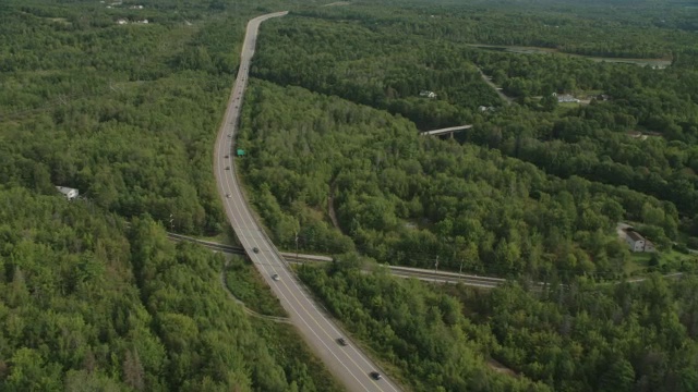 汽车在乡村道路上行驶的空中跟踪镜头。林中的树林中的树视频素材