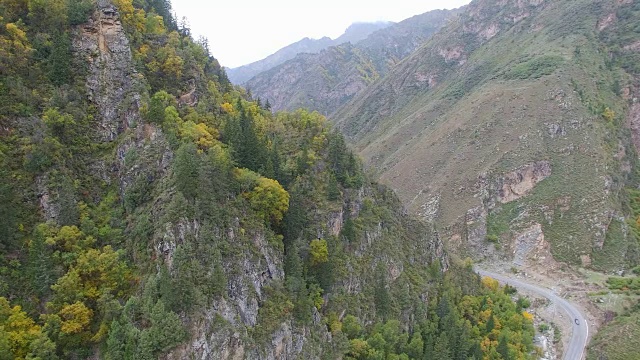 鸟瞰图农村公路之间的秋天植被在山区，甘肃，中国。视频素材