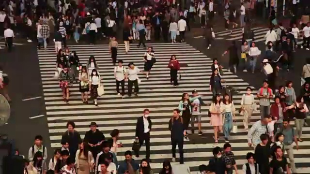 在东京涩谷旅游度假期间，从高处拍摄的著名的夜晚穿越涩谷的时间推移。视频素材